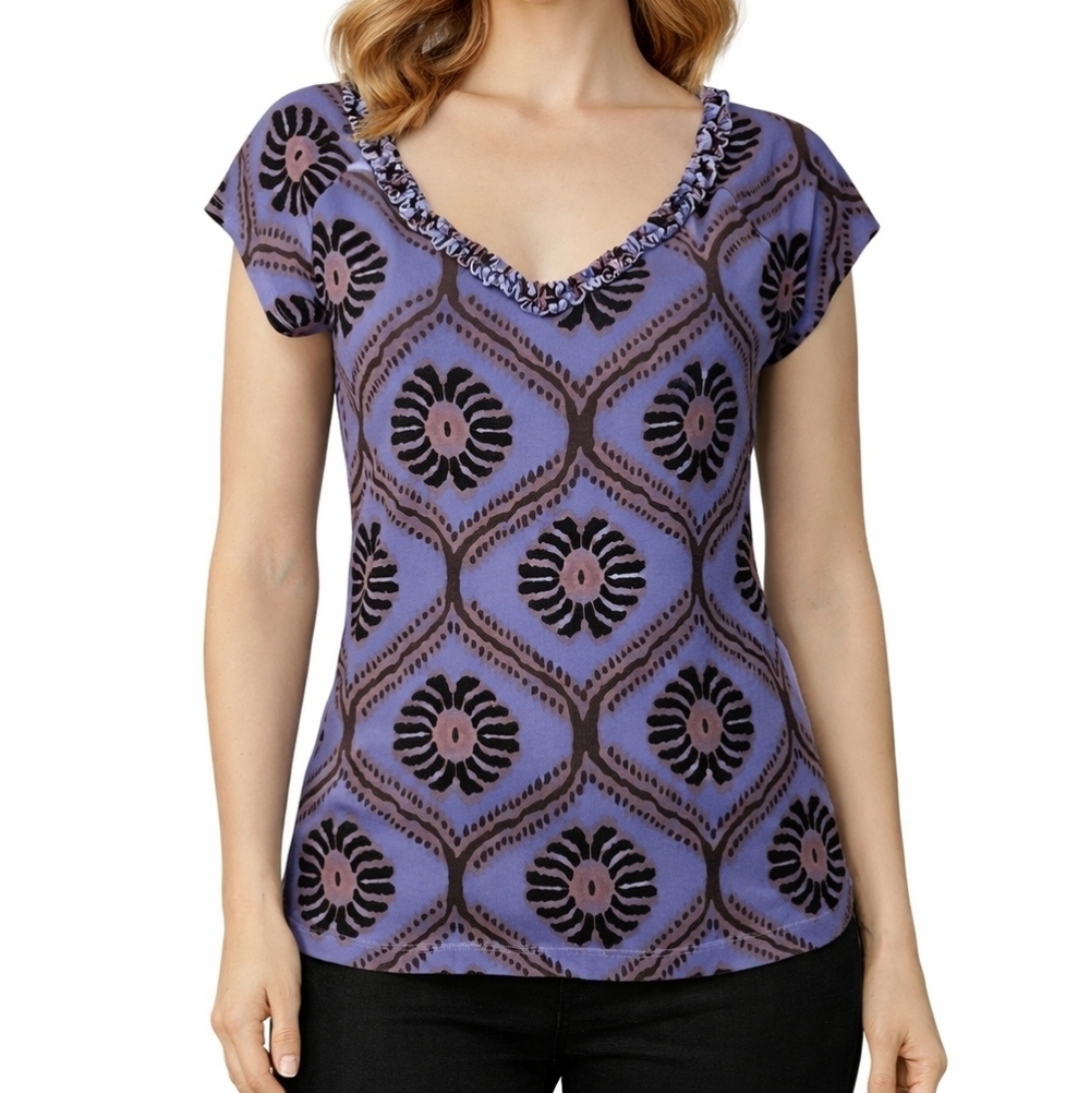 FRESH PRODUCE Purple Floral Tribal Ruffle V-Neck Short Sleeve Festival Top